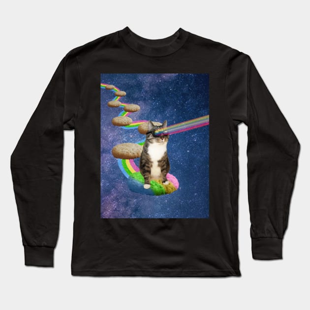 Cute fluffy cat in outer space shooting rainbows from the sunglasses Long Sleeve T-Shirt by Purrfect